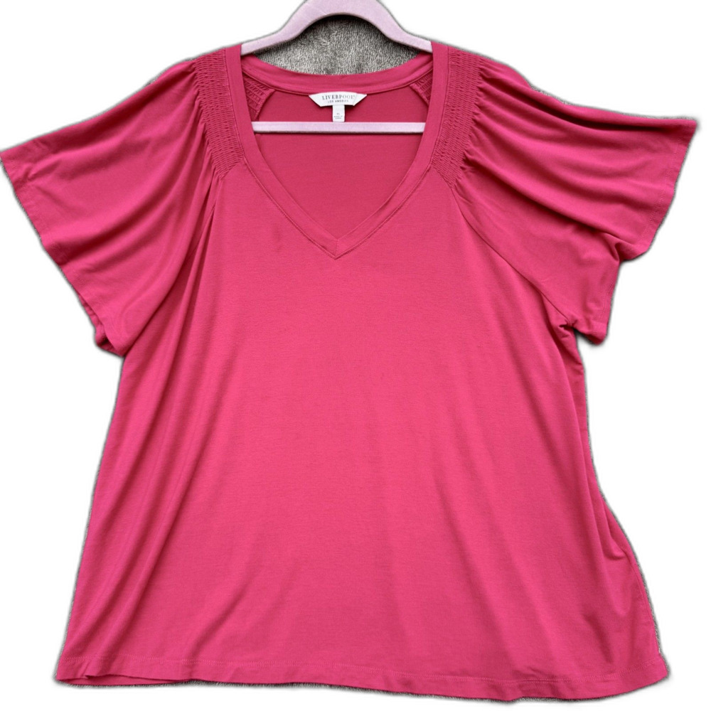 Liverpool Los Angeles Hot Pink V-Neck Short Sleeve Blouse Top Size XL